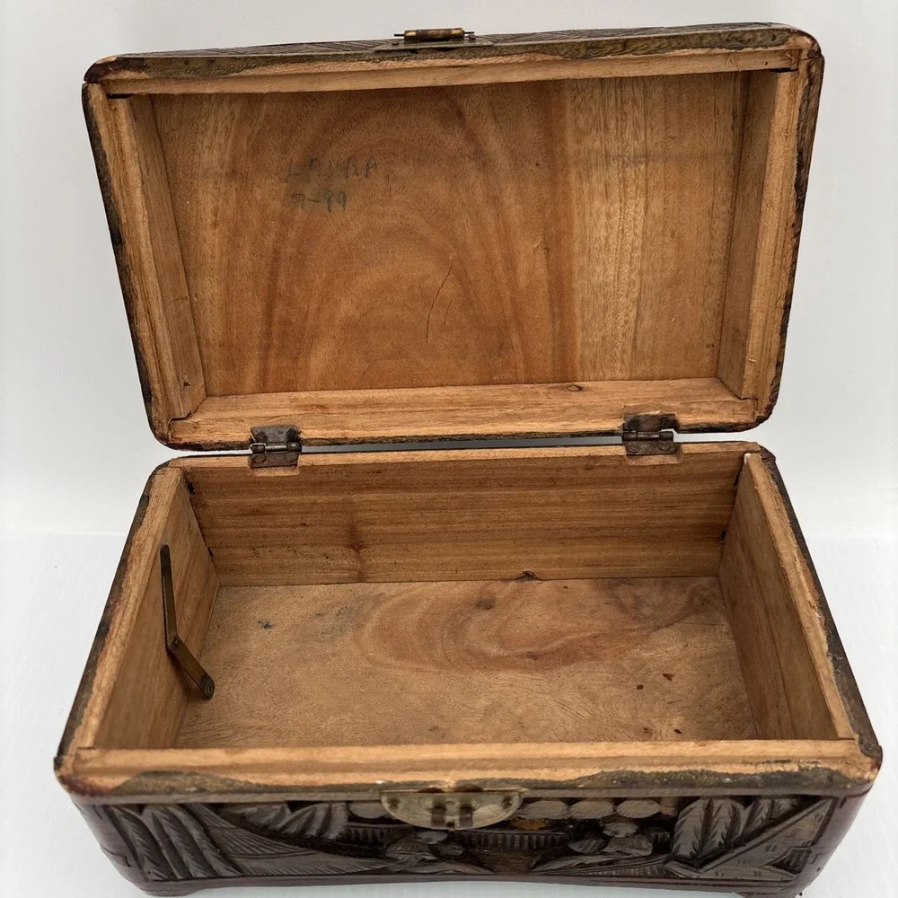 Vintage Carved Wood Jewelry Box Scene On Lid